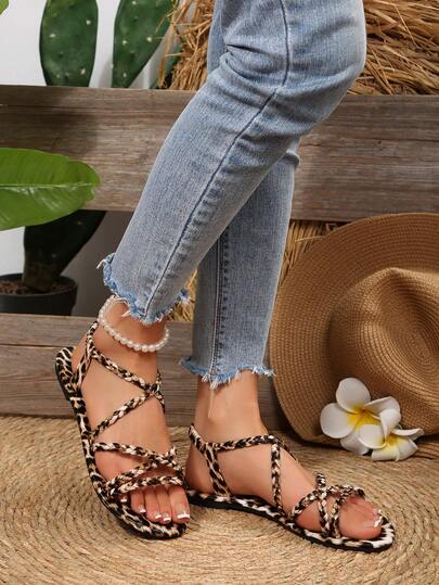 2026新款时尚罗马凉鞋，系带设计，女士彩虹条纹平底休闲凉鞋，简约舒适日常穿搭沙滩凉鞋