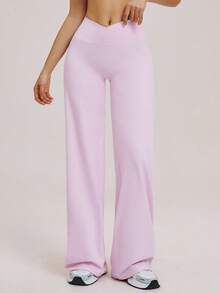 TimeOff 1pc Women Solid Color Criss-Cross Waistband Loose Straight Leg Wide Pants - Pink - View 8