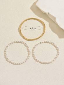 Bộ 3 vòng tay hạt vàng và ngọc trai giả, vòng tay co giãn đa năng có thể đeo chồng lên nhau, trang sức phối hợp nhiều lớp dành cho nữ. - trắng - Xem 2