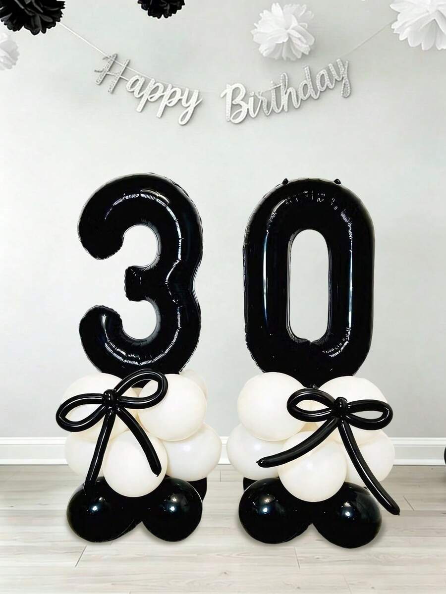 18个32英寸黑色数字气球，生日派对、周年纪念、派对装饰、拍照、公主生日、家庭生日派对、迎婴派对、单身派对装饰、网红户外拍摄装饰、优雅生日气球（0-9岁生日），主题