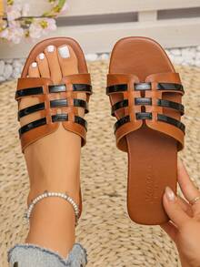2026 New Metallic Color Roman Slide Sandals, Look Great With Dresses & Jeans, Slip-On Casual Beach Slippers - Black - View 2