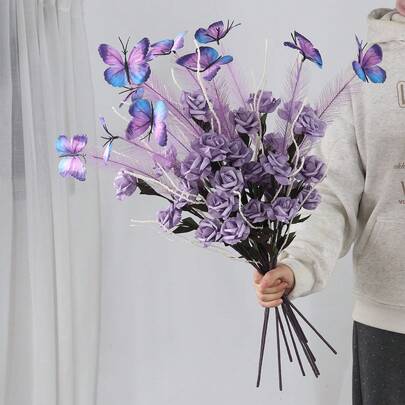 1/3/4/6支装 25.59英寸彩色玫瑰蝴蝶花艺枝条 - 春季装饰品。适用于客厅、餐桌、阳台、门廊、花园、婚房、节日庆典，以及提升空间氛围。