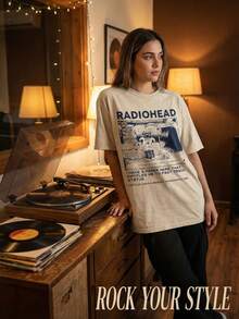 New American-Style 100% Cotton Unisex Washed T-Shirt With Fun Retro Rock Band Cartoon Letter Print. Street Style, Korean Fashion, Comfortable, Retro, Stylish, Versatile Y2K Clothing. Regular Niche Punk Style, Fitted Black Crew Neck Short-Sleeved Washed T-Shirt. Comfortable Pure Cotton Washed Retro Series T-Shirts, Easily Creating A Retro Casual Look, Suitable For Daily Commutes, Leisure Outings, Music Festivals, And Everyday Wear. Classic Retro Style, Men's Printed T-Shirts, Women's Printed T-Shirts. - Màu be - Xem 2