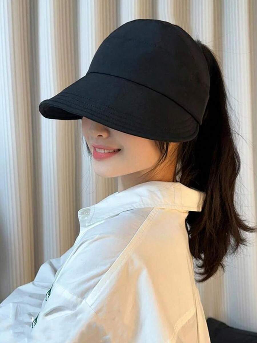 1pc Women's Breathable Foldable Sun Hat, Wide Brim, UV Protection, Open-Top Peaked Cap, Suitable For Ponytail - A - View 1