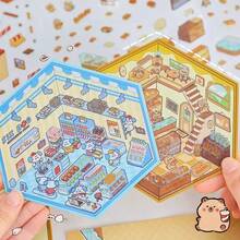 1张韩国卡通风景贴纸，可爱3D立体迷你小屋减压风景场景剪贴簿贴纸，日式风格贴纸，女孩玩具 - 彩色 - 查看 7
