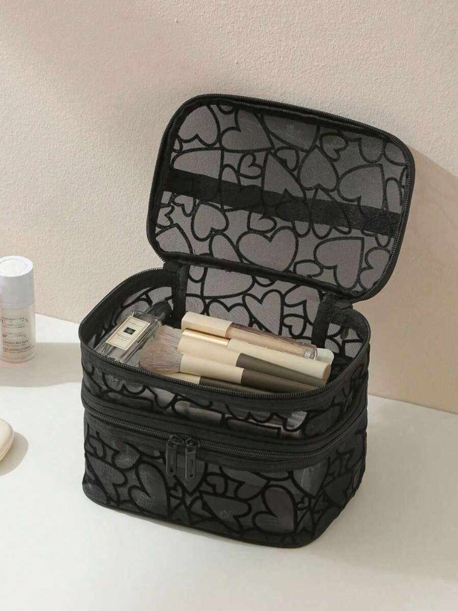 双层网眼透明化妆包，多功能洗漱收纳袋，日常休闲拉链设计 - 黑色 - 查看 1