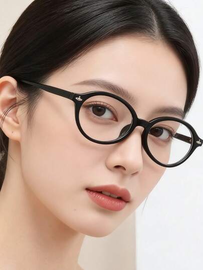 1副轻盈复古椭圆形镜框眼镜，饰有土星图案，复古书呆子风格，透明镜片，学院风眼镜，女士修脸时尚眼镜