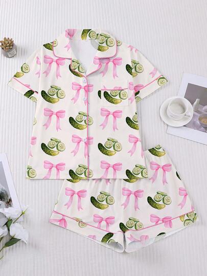 2pcs Spring/Summer Women Sleepwear Set, Cucumber & Bow Print, Romantic Gift, Comfortable Shirt Collar Short Sleeve Top And Loose Elastic Shorts, Suitable For Parties, Casual Outdoor And Home Wear