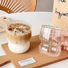 1 chiếc cốc thủy tinh họa tiết lượn sóng sáng tạo, dung tích 300ml, thiết kế bất đối xứng, thích hợp cho cà phê đá, nước ép, bia, cốc cà phê hiện đại, đồ uống có thể tái sử dụng. - trong suốt - Xem 1