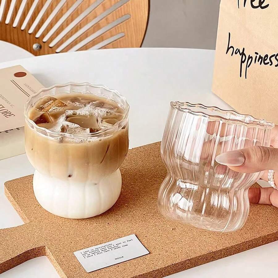 1 chiếc cốc thủy tinh họa tiết lượn sóng sáng tạo, dung tích 300ml, thiết kế bất đối xứng, thích hợp cho cà phê đá, nước ép, bia, cốc cà phê hiện đại, đồ uống có thể tái sử dụng. - trong suốt - Xem 1