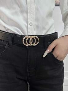 2条装女士金色水钻三环扣腰带，适合搭配毛衣、外套、连衣裙、牛仔裤、长裤，日常穿着。 - 彩色 - 查看 4