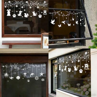 Bộ 1/3 miếng dán cửa sổ hình silhouette trắng chủ đề thú cưng. Hình dán chó, mèo, thỏ với họa tiết dây leo hoa. Chất liệu chống thấm nước, có thể tháo rời, thích hợp cho phòng khách, quán cà phê, cửa hàng, trang trí nhà cửa.