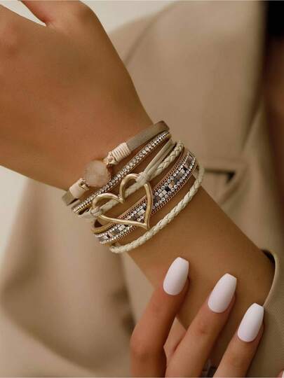 1pc Bohemian Style PU Polyurethane Cubic Zirconia Heart Decor Multi-Layer Bracelet Gift For Women Valentine's Day Mother's Day