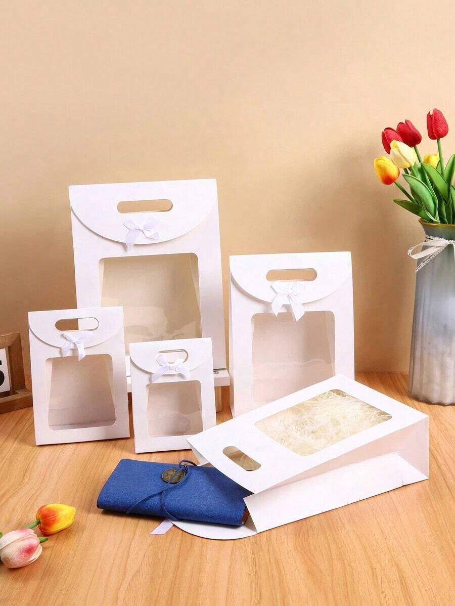 5pcs Self-Standing Flip Cover Bags, New Pink, White, Black, Blue, Brown Solid Color Bowknot Handle Candy Bags, Party Favor Bags, Birthday Gifts, Holiday Universal Bags Valentine Day - 白色 - 查看 1