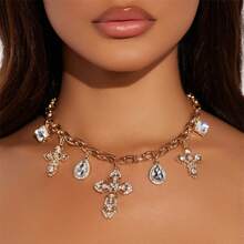 嘻哈十字架项链吊坠夸张设计感钻石大水滴项链首饰 - 金色 - 查看 1