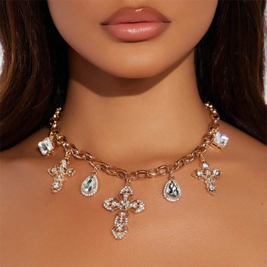 嘻哈十字架项链吊坠夸张设计感钻石大水滴项链首饰 - 金色 - 查看 1