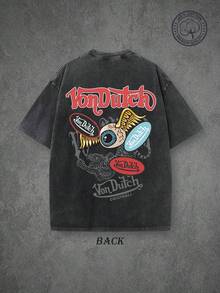 Vons Dutchs Originals Double-Sided Print Washed T-Shirt, Flying Eyeball & Tiger Retro Kustom Kulture Graphic Tee, Premium Cotton Vintage Streetwear, High Quality T-Shirt, Classic Washed Shirt, Washed Pure Cotton T-Shirt, Casual Style, Perfect Gift Choice, Comfortable, Fashion Street Style Pure Cotton T-Shirt. - 黑色 - 查看 2