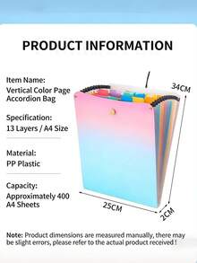 1 pièce Chemise de séparateur de matières pour étudiants, classeur organisateur de documents à 13 fentes de couleur dégradée, grand classeur accordéon format A4, sac de rangement de documents de bureau - Sac accordéon vertical à 13 compartiments - Voir 2