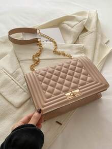 Túi đeo chéo nhỏ cho nữ, kiểu dáng thời trang mới, dây đeo xích, hình vuông, chất liệu da PU, nắp gập. - Màu Khaki - Xem 9