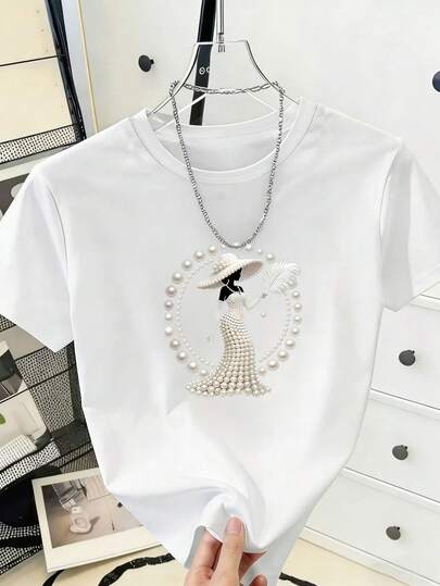 Plus Size Elegant & Sophisticated Style! Women's Printed T-Shirt - Faux Pearl & Rhinestone Decor Design | Luxurious Everyday Style | Soft Breathable Fabric, Casual Crew Neck Short Sleeve Top Suitable For Spring & Summer, Machine Washable, Comfortable & Versatile, Perfect For Summer Wear. White