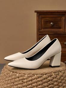 MonaNise Bombas de tacón con slip-on de color marrón de moda para mujer, adecuadas para el hogar, la oficina, los viajes, las salidas casuales, al aire libre, con un estilo retro, versátiles, elegantes y cómodas - blanquecino - Ver 5