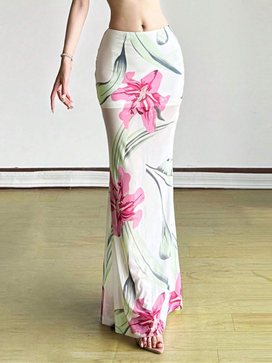 Kliou Women's Floral Print Maxi Mermaid Skirt, Elegant Fitted Summer Beach Vacation High Stretch Club Basic Wild Bottom - White - View 1