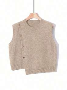 1pc Solid Color Short Round Neck Asymmetrical Button Accessory Design Fashion Sleeveless Sweater Vest, Versatile Knit Waistcoat Summer - 卡其色 - 查看 8
