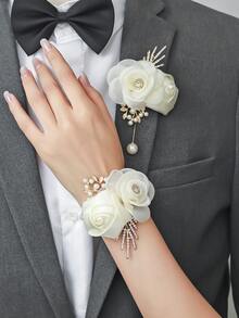1pc Corsage + 1pc Wrist Flower, Korean Style White & Beige Rose Wrist Flower Suitable For Bride, Bridesmaid, Wedding, Prom, Party, Daily Wear - White - View 6