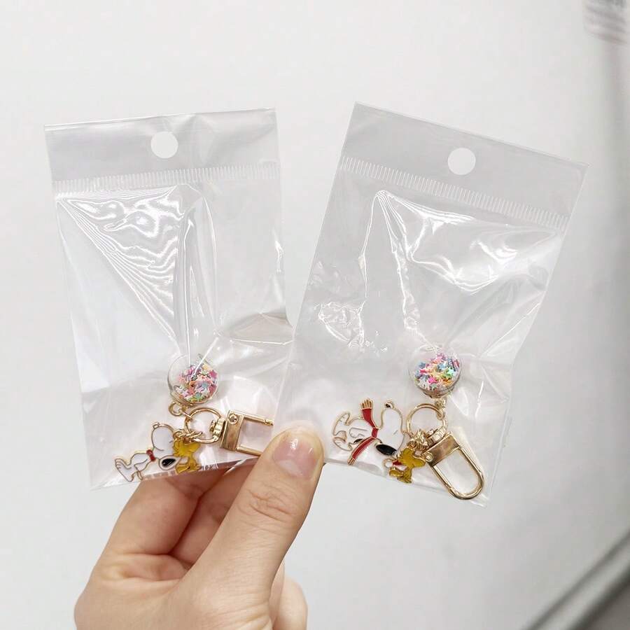 1pc Cute Snoopy & Woodstock Glitter Ball Keychain, Cartoon Enamel Alloy Bag Charm, Student Couple Bag Accessory,Keychain - Multicolor - View 1