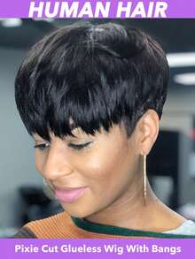 180% Density Human Hair Pixie Wig - 4 Inch Straight Pure Black Brazilian Human Hair Wig With Rose Net Cap, No Lace Front, Easy To Wear For Women Of All Ethnicities & Dark Brown, Quick Hairstyle, Sleek Hairstyle, Beauty Enhancement, Quick Hairstyle Change, Professional Hairstyle - Multicolor - View 1