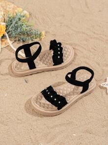 1双女童荷叶边水钻天鹅绒弹力带防滑平底凉鞋，甜美风格，适合夏季日常穿着/海滩度假 - 黑色 - 查看 3