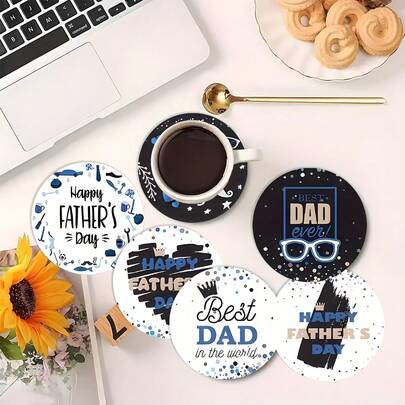 هدية عيد الأب! 6 قطع من الأواني الخشبية المبتكرة، عازلة للحرارة ومانعة للانزلاق، قطر 10 سم يناسب أحجام الأكواب المختلفة، مطبوع عليها "أفضل أب" و"عيد أب سعيد"، هدية عملية ودافئة للأب والزوج والجد، حماية زخرفية ومقاومة للحرارة لطاولة الطعام.