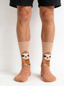 1 Pair Men's Light Brown Contrast Cartoon Sloth Pattern Mid-Calf Socks, Casual Socks For All Seasons - Multicolor - View 3