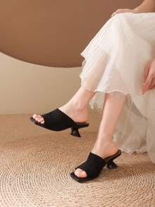 Spring/Summer Fashion Black Beach High Heel Shoes, Retro Suede Square Toe Mules, Asymmetric Heel Slip-On Sandals For Women - Black - View 3