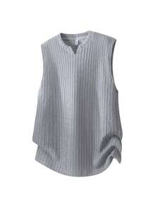 Áo tank top nam cổ chữ V dệt kim họa tiết kẻ caro kiểu retro, thoải mái, không tay. - Màu Xám nhạt - Xem 3