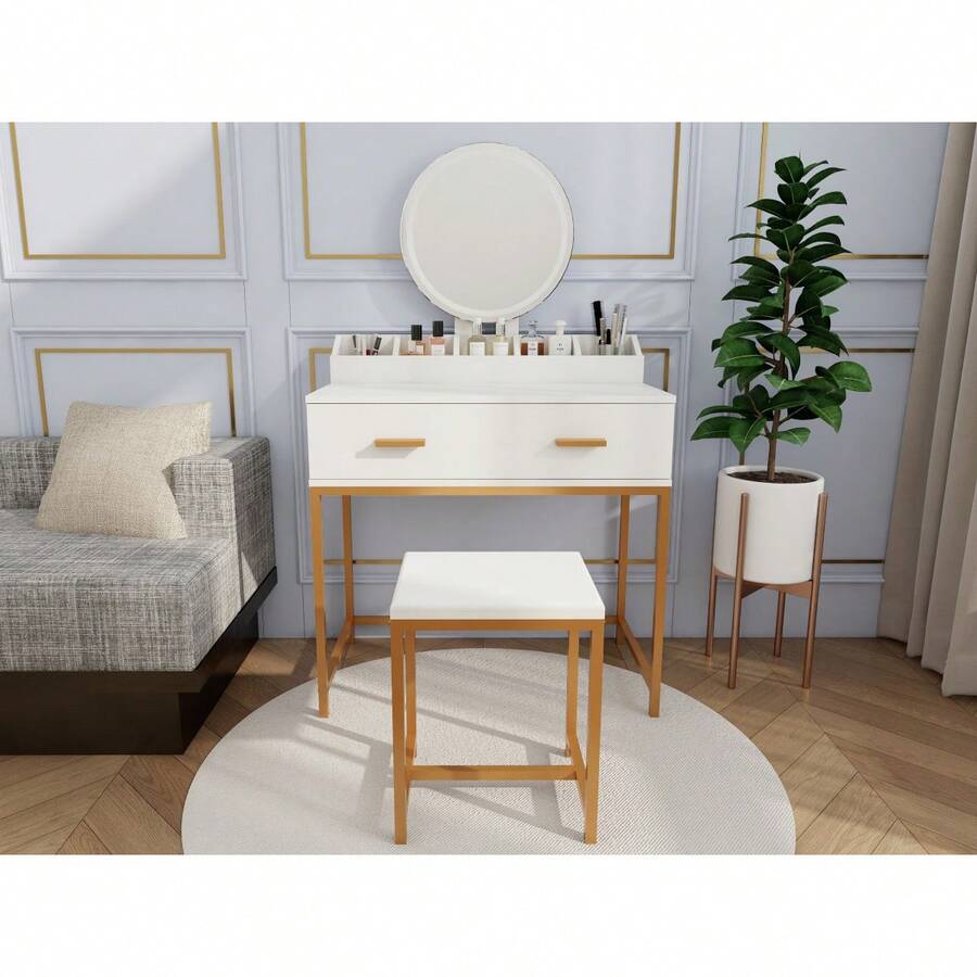 Tocador con Espejo y Taburete - Mesa de Maquillaje con Cajones de Almacenamiento y Organizador, Blanco y Dorado, Diseño que Ahorra Espacio para Dormitorios Pequeños - Blanco + Tablero de partículas + MDF + Moderno - Ver 1