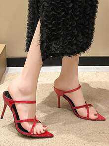 交叉绑带尖头细高跟露趾PU皮派对凉鞋，夏季 - 紅色 - 查看 13