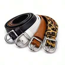 Set Of 4 Women's Thin Belts, 1.5cm Wide, Colors: Black/White/Caramel/Leopard Print, Silver Buckle, Fashion Blogger Style - Ana - 彩色 - 查看 2
