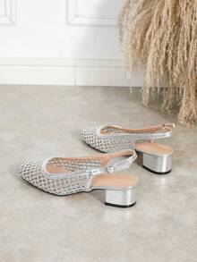2026 Women's Silver Metal Woven Ankle Strap Low Vamp Shoes, Square Toe Chunky Heel Mesh Sandals, Suitable For Party, Wedding, Banquet - Silver - View 5