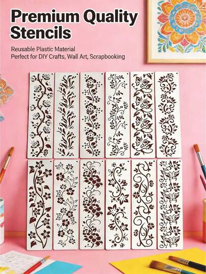 12 piezas Estilo europeo Sellos de scrapbooking DIY de ratán floral hueco, reutilizables para decoración del hogar, decoración de cajas de regalo, tela, dibujo, tablero de enmascaramiento, material de plástico