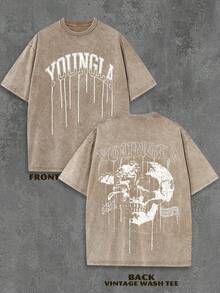 1PC Y2K Vintage Washed T-Shirt | Men's Graphic Tee | YLA Dripping Skull Design Pattern | Gifts For Men Or Boyfriend | 100% Cotton | 230Gsm Thickened Fabric | Unisex - Cà phê nâu - Xem 9