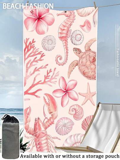 [Soft & Quick Dry] 250gsm Microfiber Beach Towel | 70*140cm/90*180cm Available | Watercolor Ocean Life Turtle, Seahorse, Coral, Shell Print | High Absorbency Portable Swim Towel, Bathroom Decor, Beach Towel | Suitable For Summer Beach, Swimming, Travel, Camping, Fitness
