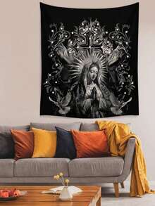 Goth 1pc Dark Holy Lady White Dove & Cross Printed Polyester Tapestry, Suitable For Daily Living Room Bedroom Wall Decoration, Camping Decoration, All Seasons - 1PC - View 10
