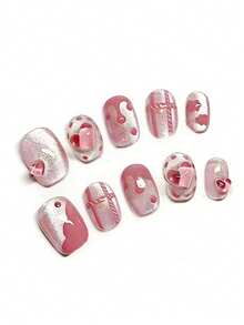 10pcs It's Named Pink Heart Gift Sequence. This Manicure Features Shimmery Pink Textures, Three-Dimensional Heart Accents, Gift Box Ribbon Details, And Polka Dot Patterns. The Glossy Finish Catches Light Like A Sweet Gift Box Tied With Pink Ribbons, Creating A Romantic, Playful Vibe That's Both Charming And Lively. - Pink - View 2
