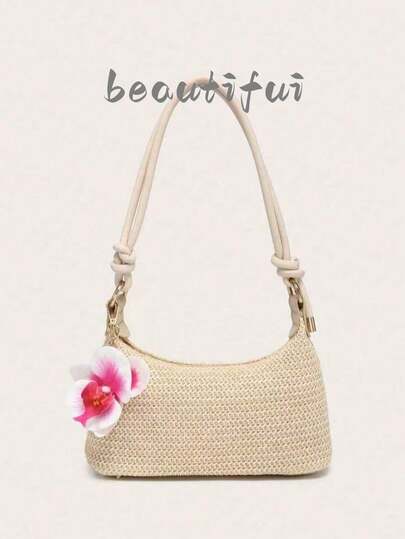Bolso de hombro para mujer, bolso cuadrado, hecho de cuerda de PU, decorado con un colgante de flor, gran capacidad, ligero, casual y elegante, adecuado para vacaciones en la playa, compras y viajes de vacaciones.