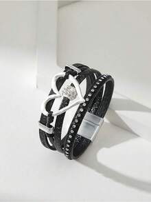 1pc Bohemian Style PU Polyurethane Cubic Zirconia Heart Decor Multi-Layer Bracelet Gift For Women Valentine's Day Mother's Day - 多色的 - 查看 3