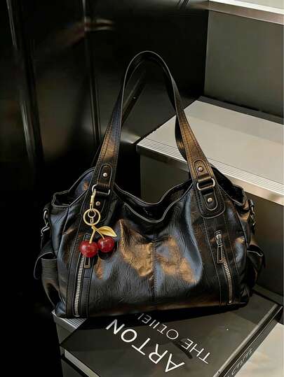 This Is A Classic And Fashionable Multi-Functional Solid Color Large Capacity Retro PU Leather Shoulder Bag, Decorated With A Cherry Pendant, And Is A Women's Commuter Bag With A Zipper Design. It Is Very Suitable For Shopping, Travel And Commuting And Other Occasions.