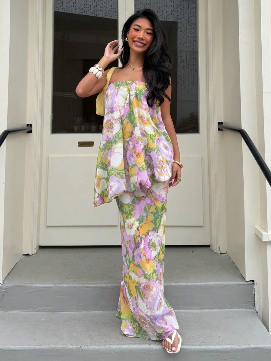 Vestido de mujer de verano DEEKA, estilo europeo y americano, moda francesa con estampado floral y hombros descubiertos para fiesta - Multicolor - Ver 1