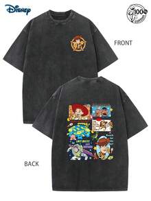 Disney Cartoon Character Collage Printed Short Sleeved Shirt, Toy Story Character Collection Printed Top, Disney Cartoon Character Creative Printed Top, Men's Summer T-Shirt, Summer Daily Commuting Outfit - 黑色 - 查看 3