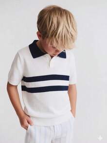 Boys' Striped Polo Shirt, Short Sleeve Lyocell Knit Pullover Sweater, Lightweight, Suitable For Spring, Summer, Autumn - White - View 1